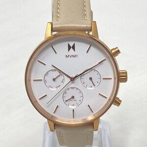 MVMT Nova Luna Women Watch 37mm Rose Gold Tone Dual Time Day Leather New Battery